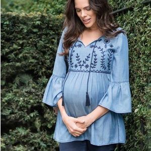 Seraphine Blue Embroidered Chambray Maternity Bell Sleeve Blouse Women's Size 8